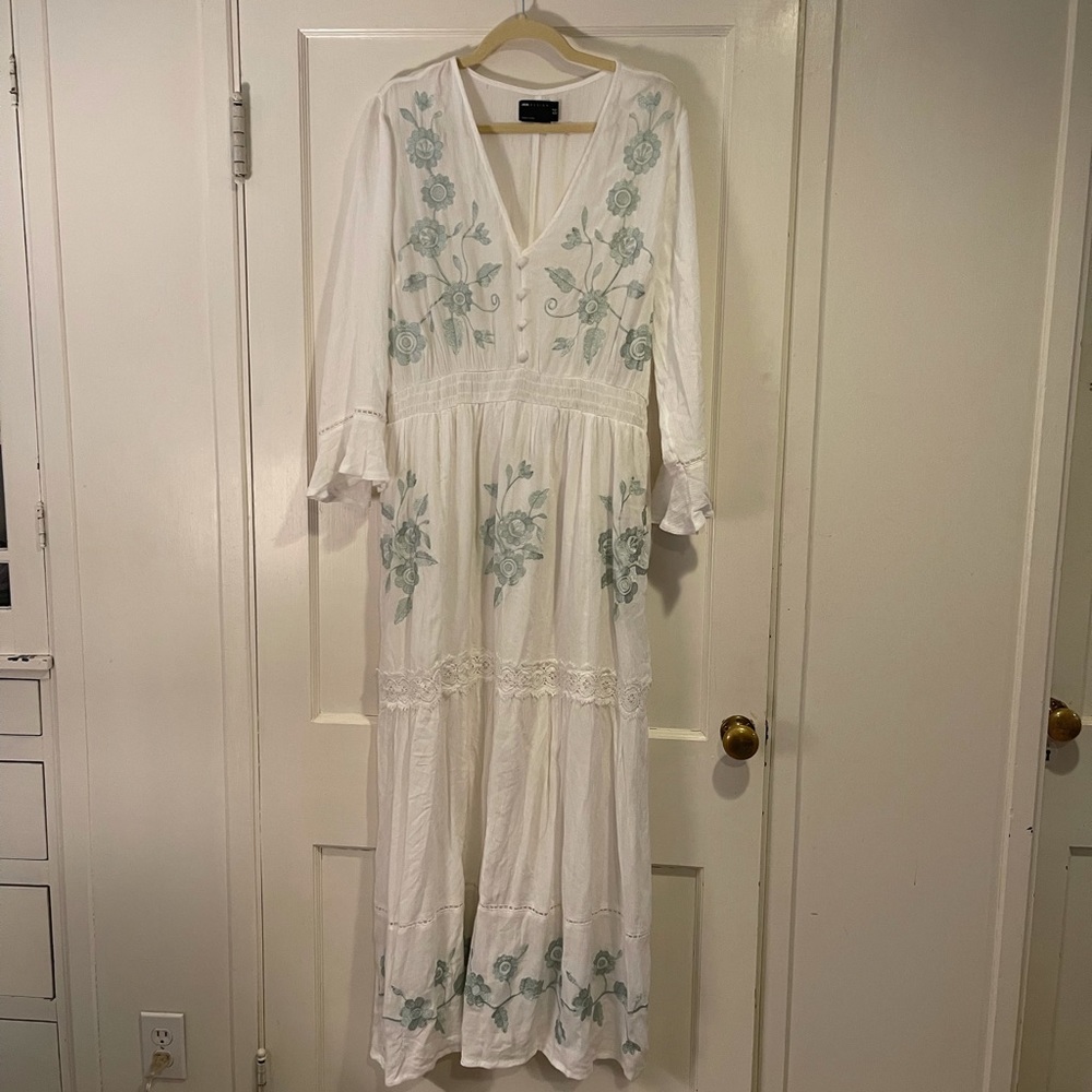 ASOS Design White Long Sleeve Embroidered Maxi Dress